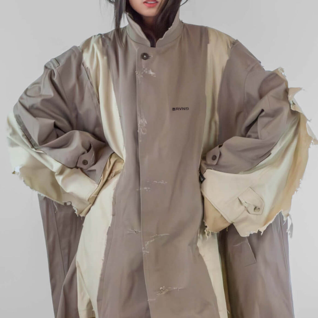 Hybrid Oversized Frayed Panel Trench Coat