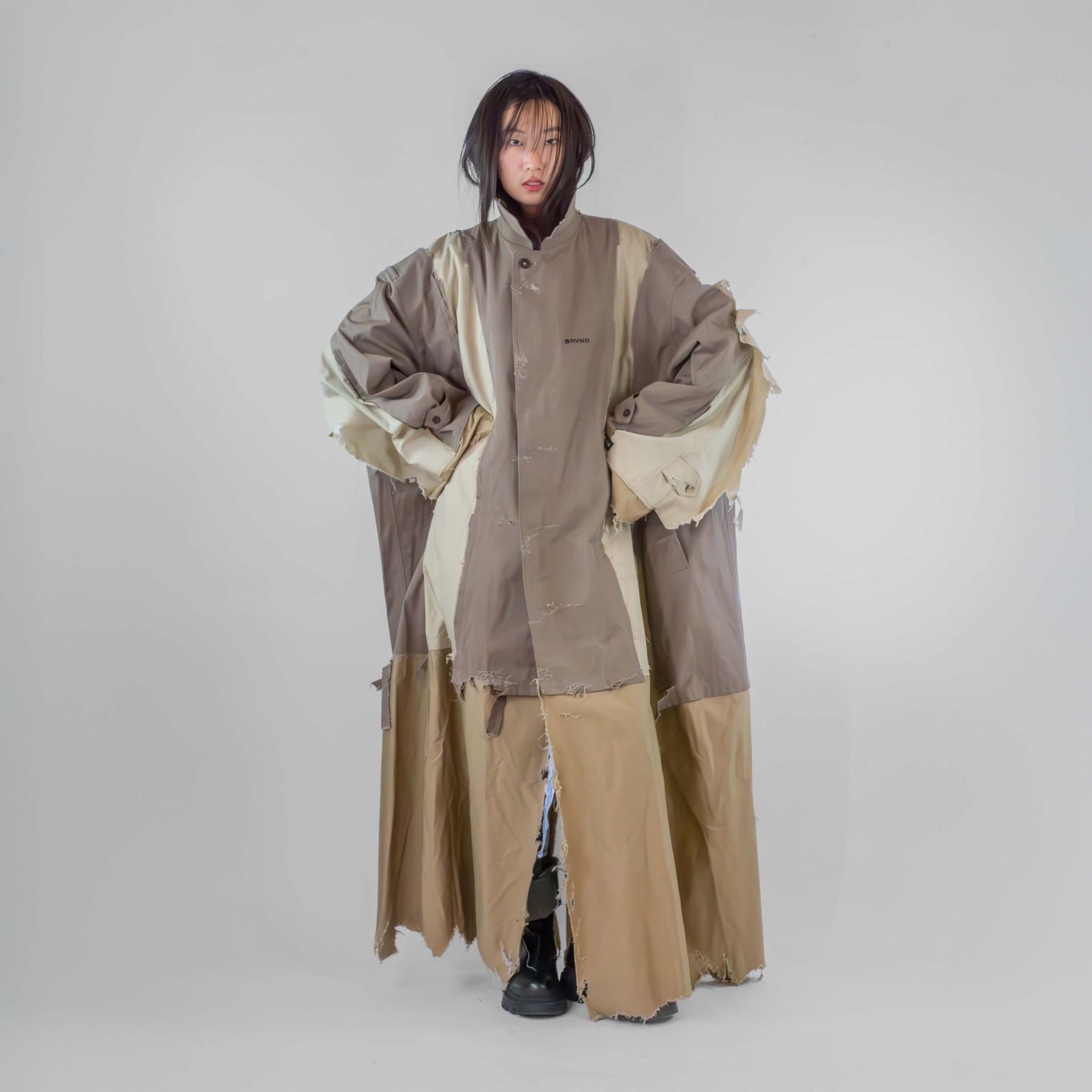 Hybrid Oversized Frayed Panel Trench Coat