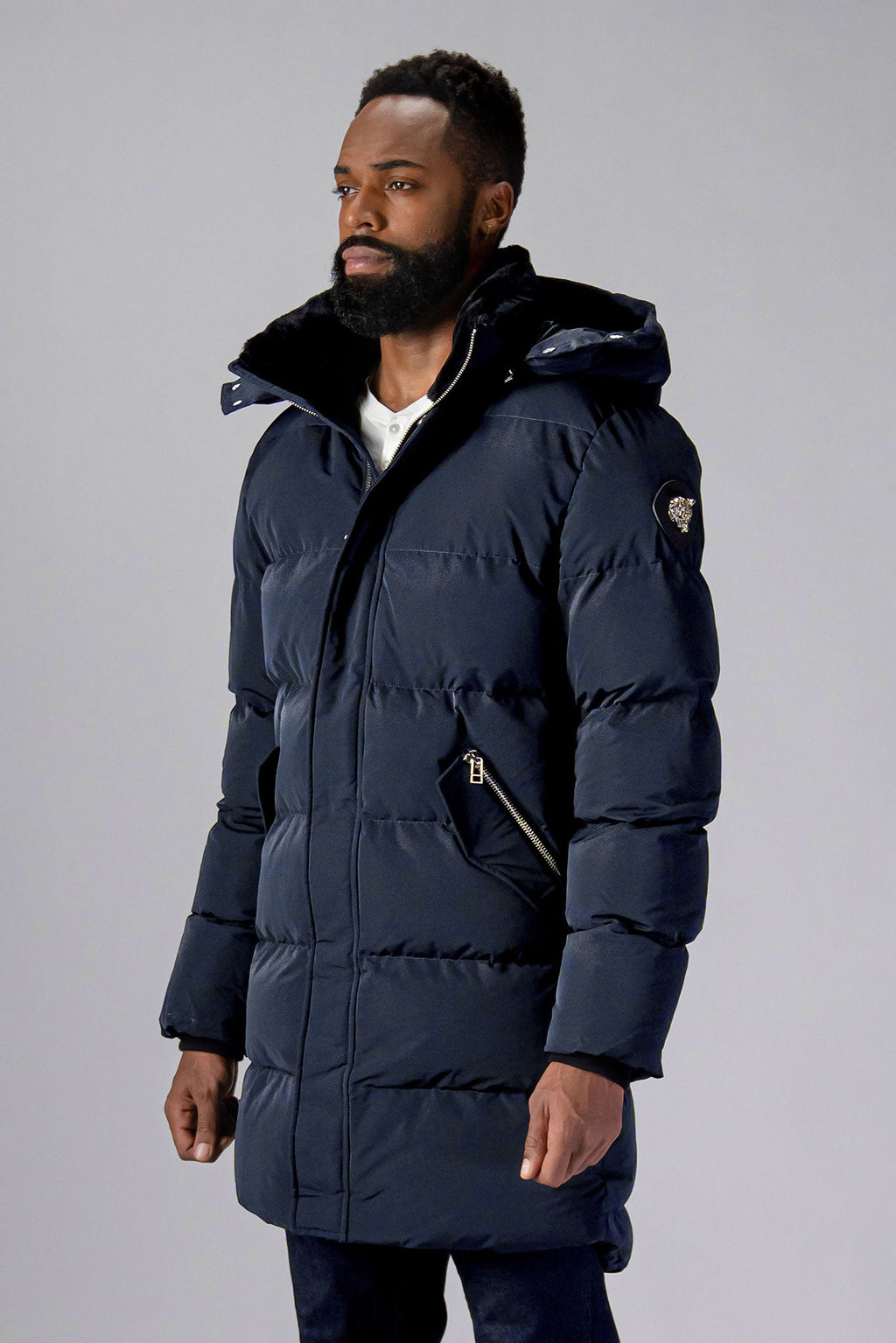 Long Mens Winter Jacket in Blue Diamond Color