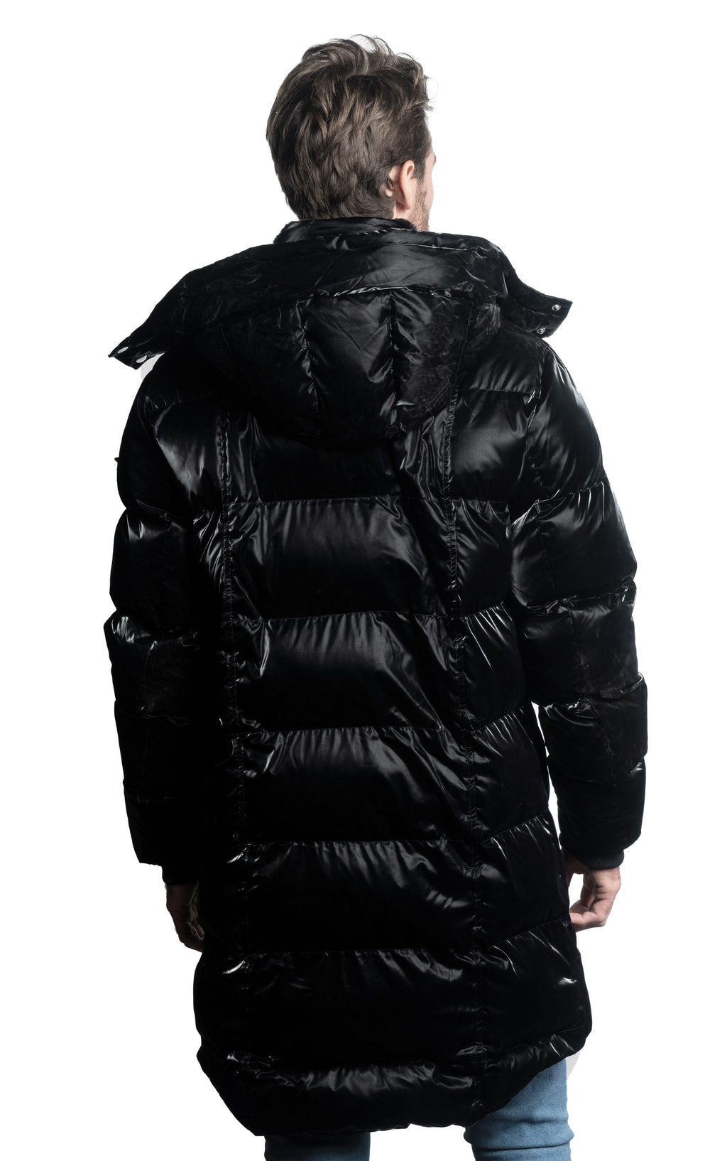 Woodpecker Men's Penguin Long Winter coat. High-end Canadian designer winter coat for men in shiny "All Wet Black" colour. Woodpecker cruelty-free winter coat designed in Canada. Men's heavy weight long length premium designer jacket for winter. Superior quality warm winter coat for men. Moose Knuckles, Canada Goose, Mackage, Montcler, Will Poho, Willbird, Nic Bayley