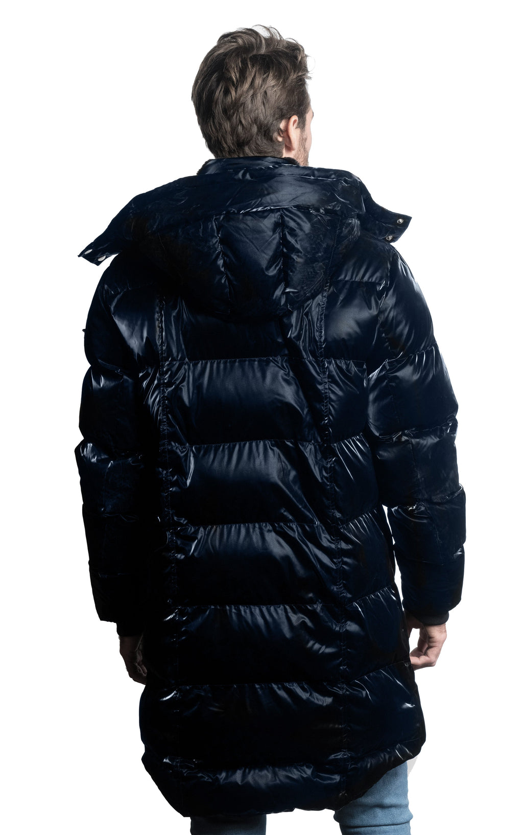 Woodpecker Men's Penguin Long Winter coat. High-end Canadian designer winter coat for men in shiny "All Wet Blue" navy blue colour. Woodpecker cruelty-free winter coat designed in Canada. Men's heavy weight long length premium designer jacket for winter. Superior quality warm winter coat for men. Moose Knuckles, Canada Goose, Mackage, Montcler, Will Poho, Willbird, Nic Bayley