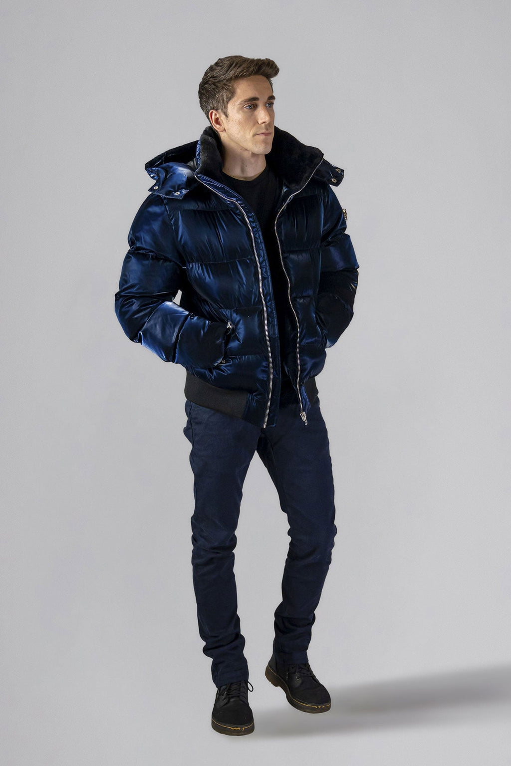 Woodpecker Men's Woody Bomber Winter coat. High-end Canadian designer winter coat for men in shiny “All Wet Navy" colour. Woodpecker cruelty-free winter coat designed in Canada. Men's heavy weight short length premium designer jacket for winter. Superior quality warm winter coat for men. Moose Knuckles, Canada Goose, Mackage, Montcler, Will Poho, Willbird, Nic Bayley. Shiny parka. Stylish winter jacket. Designer winter coat.