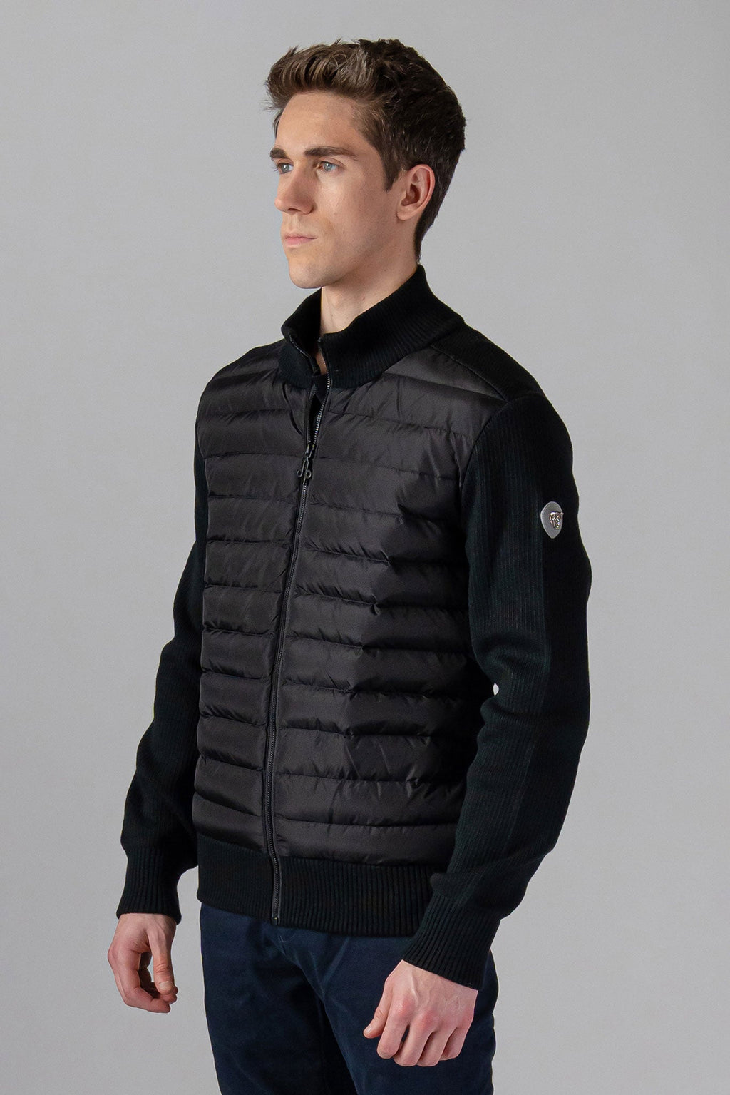 Woodpecker Men's Sweater Vest. High-end Canadian designer sweater vest for men in "Matte Black" colour. Superior quality warm sweater for men. Moose Knuckles, Canada Goose, Mackage, Montcler, Will Poho, Willbird, Nic Bayley.