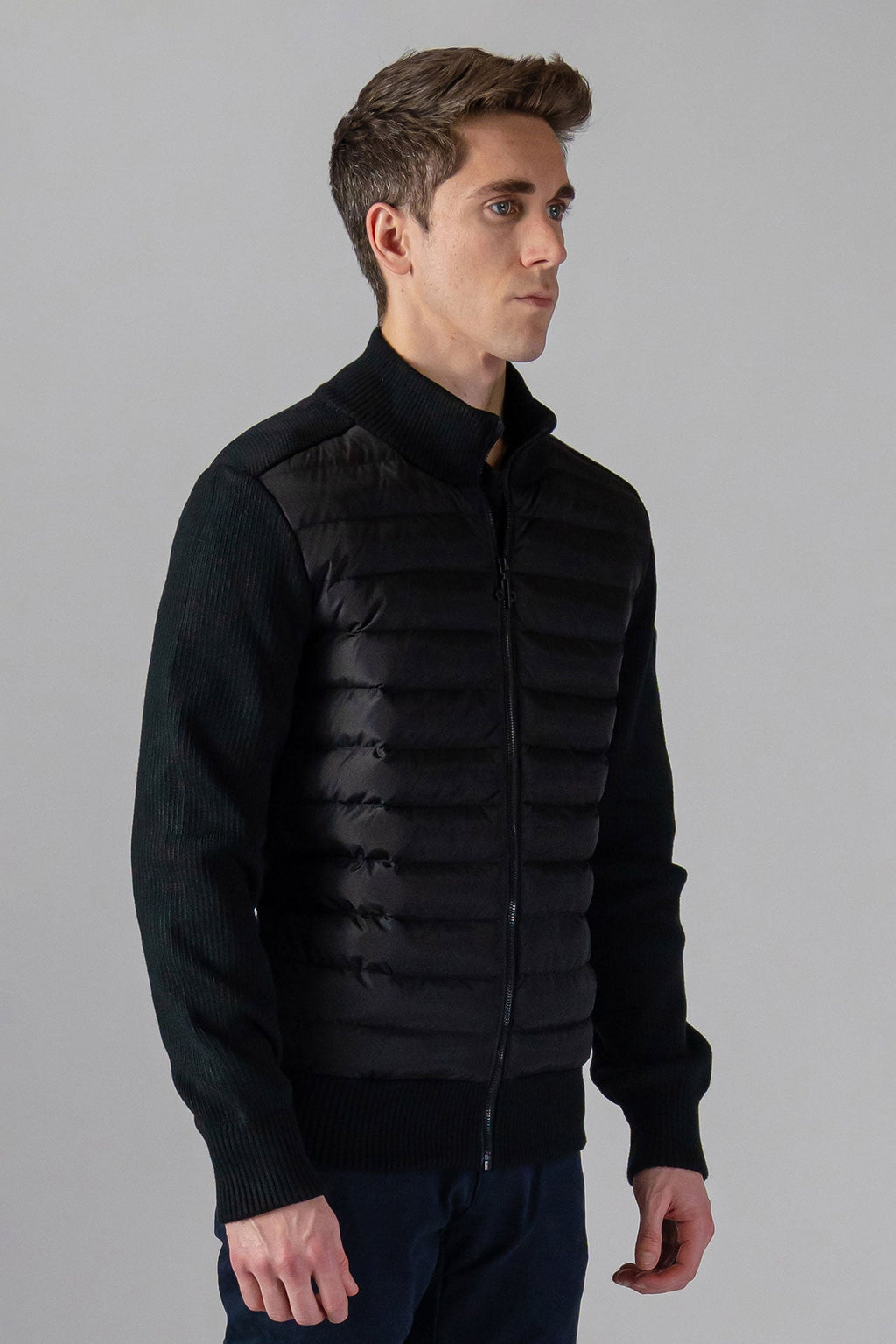 Woodpecker Men's Sweater Vest. High-end Canadian designer sweater vest for men in "Matte Black" colour. Superior quality warm sweater for men. Moose Knuckles, Canada Goose, Mackage, Montcler, Will Poho, Willbird, Nic Bayley.
