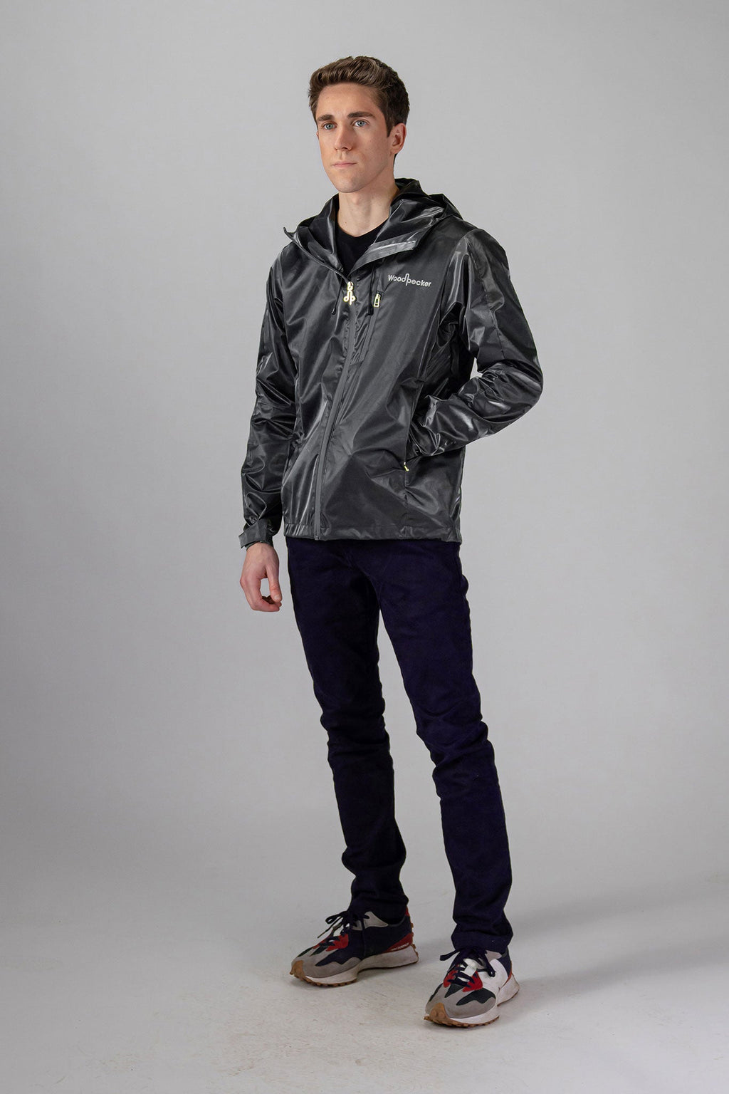 Woodpecker Men's Wind Shell coat. High-end Canadian designer activewear coat for men in "Black Diamond" colour. Woodpecker coat designed in Canada. Moose Knuckles, Canada Goose, Mackage, Montcler, Will Poho, Willbird, Nic Bayley