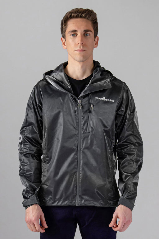 Woodpecker Men's Wind Shell coat. High-end Canadian designer activewear coat for men in "Black Diamond" colour. Woodpecker coat designed in Canada. Moose Knuckles, Canada Goose, Mackage, Montcler, Will Poho, Willbird, Nic Bayley