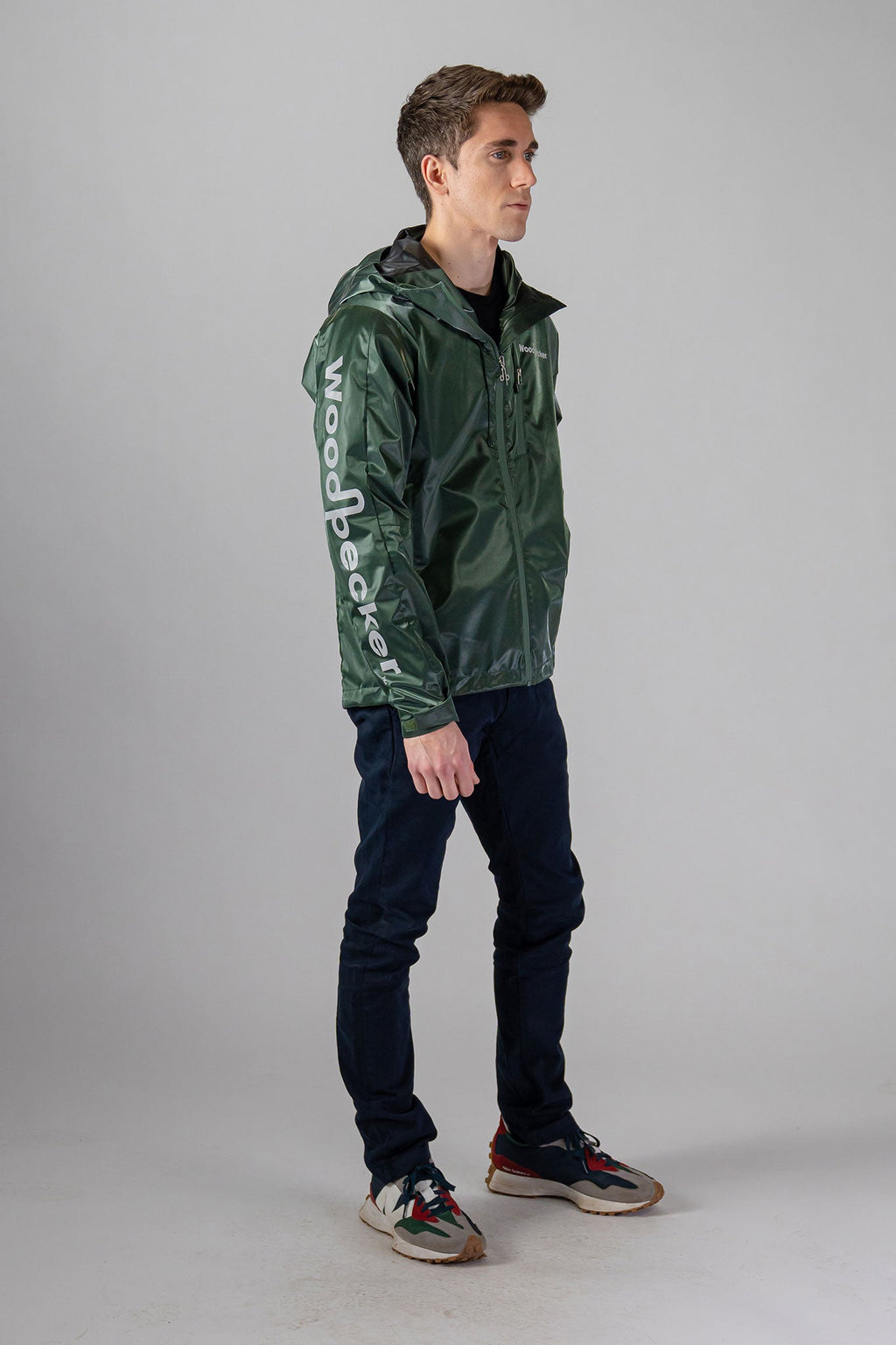 Woodpecker Men's Wind Shell coat. High-end Canadian designer activewear coat for men in "Green Diamond" colour. Woodpecker coat designed in Canada. Moose Knuckles, Canada Goose, Mackage, Montcler, Will Poho, Willbird, Nic Bayley