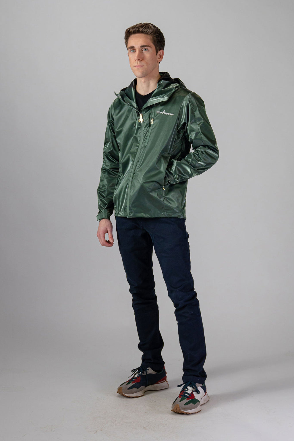Woodpecker Men's Wind Shell coat. High-end Canadian designer activewear coat for men in "Green Diamond" colour. Woodpecker coat designed in Canada. Moose Knuckles, Canada Goose, Mackage, Montcler, Will Poho, Willbird, Nic Bayley