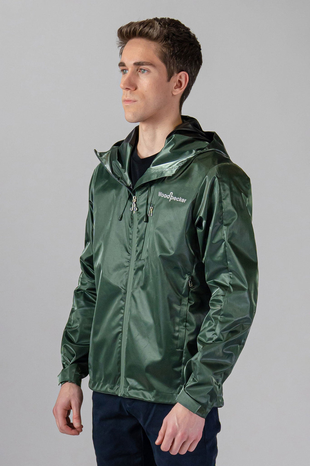 Woodpecker Men's Wind Shell coat. High-end Canadian designer activewear coat for men in "Green Diamond" colour. Woodpecker coat designed in Canada. Moose Knuckles, Canada Goose, Mackage, Montcler, Will Poho, Willbird, Nic Bayley