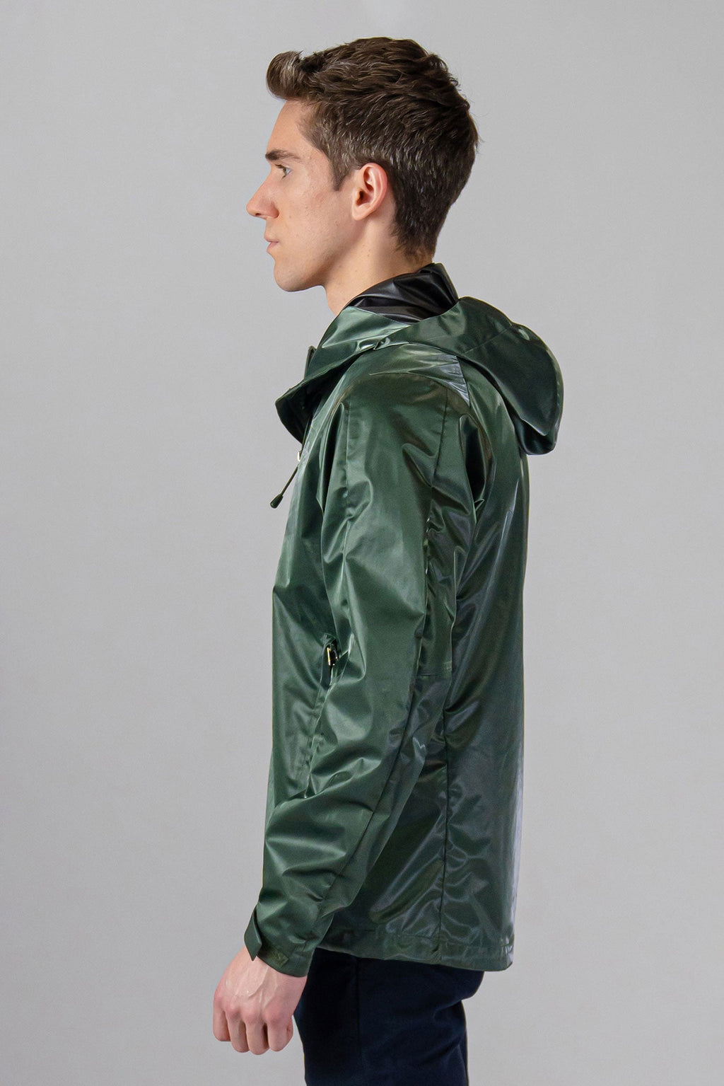 Woodpecker Men's Wind Shell coat. High-end Canadian designer activewear coat for men in "Green Diamond" colour. Woodpecker coat designed in Canada. Moose Knuckles, Canada Goose, Mackage, Montcler, Will Poho, Willbird, Nic Bayley