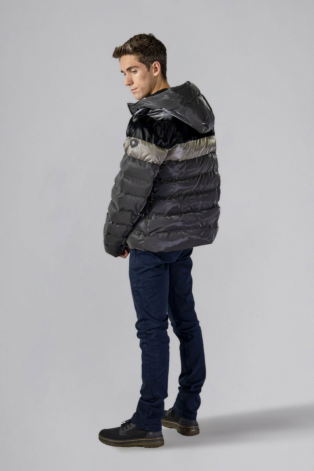 Woodpecker Men's Sparrow Winter coat. High-end Canadian designer winter coat for men in "Magnum" colour. Woodpecker cruelty-free winter coat designed in Canada. Men's medium weight medium length premium designer jacket for winter. Superior quality warm winter coat for men. Moose Knuckles, Canada Goose, Mackage, Montcler, Will Poho, Willbird, Nic Bayley. Shiny parka. Stylish winter jacket. Designer winter coat.