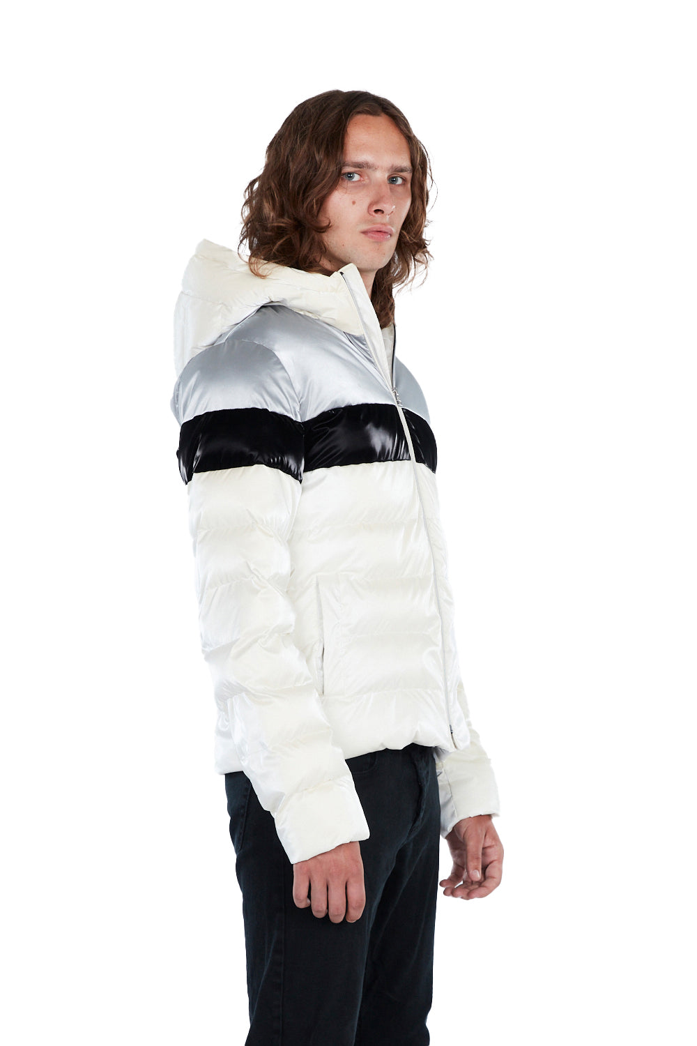 Woodpecker Men's Sparrow Winter coat. High-end Canadian designer winter coat for men in "Polar White" colour. Woodpecker cruelty-free winter coat designed in Canada. Men's medium weight medium length premium designer jacket for winter. Superior quality warm winter coat for men. Moose Knuckles, Canada Goose, Mackage, Montcler, Will Poho, Willbird, Nic Bayley. Shiny parka. Stylish winter jacket. Designer winter coat.