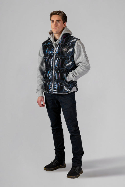 Woodpecker Unisex Winter Vest. High-end Canadian designer winter vest in "Oily Black" colour. Woodpecker cruelty-free vest designed in Canada. Heavy weight short length premium designer vest for winter. Superior quality warm winter vest. Moose Knuckles, Canada Goose, Mackage, Montcler, Will Poho, Willbird, Nic Bayley. Extra warm. Shiny vest. Stylish winter vest. Designer winter vest.