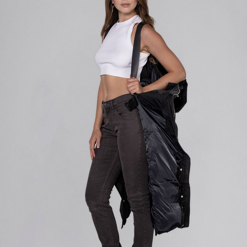 Woodpecker Women's Extra Long Bird of Paradise Winter coat. High-end Canadian designer winter coat for women in “Black Diamond" colour. Woodpecker cruelty-free winter coat designed in Canada. Women's heavy weight extra long length premium designer jacket for winter. Superior quality warm winter coat for women. Moose Knuckles, Canada Goose, Mackage, Montcler, Will Poho, Willbird, Nic Bayley. Extra warm. Shiny parka. Stylish winter jacket. Designer winter coat.