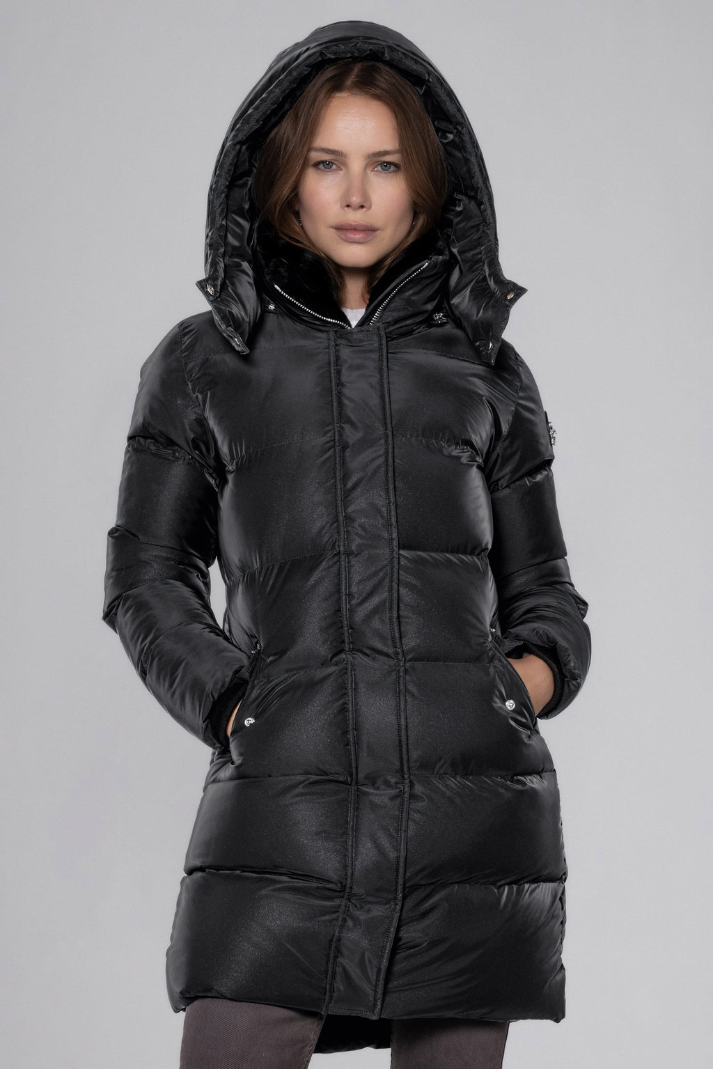 Woodpecker Women's Penguin Long Winter coat. High-end Canadian designer winter coat for women in "Black Diamond" colour. Woodpecker cruelty-free winter coat designed in Canada. Women's heavy weight long length premium designer jacket for winter. Superior quality warm winter coat for women. Moose Knuckles, Canada Goose, Mackage, Montcler, Will Poho, Willbird, Nic Bayley