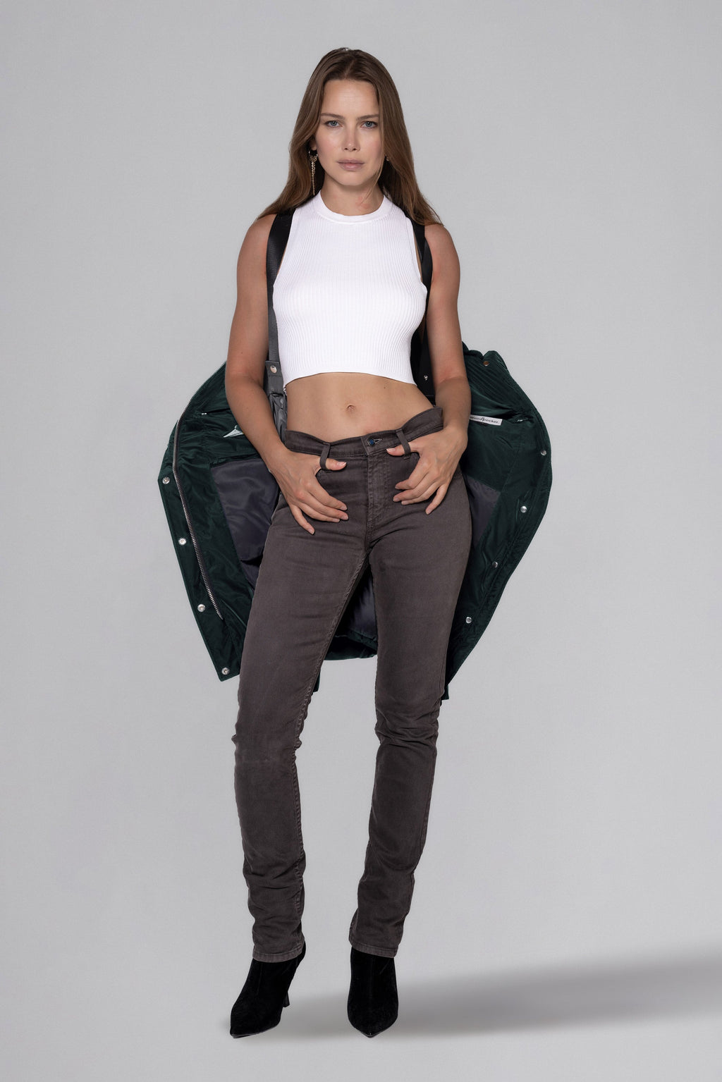 Woodpecker Women's Penguin Long Winter coat. High-end Canadian designer winter coat for women in "Green Diamond" colour. Woodpecker cruelty-free winter coat designed in Canada. Women's heavy weight long length premium designer jacket for winter. Superior quality warm winter coat for women. Moose Knuckles, Canada Goose, Mackage, Montcler, Will Poho, Willbird, Nic Bayley