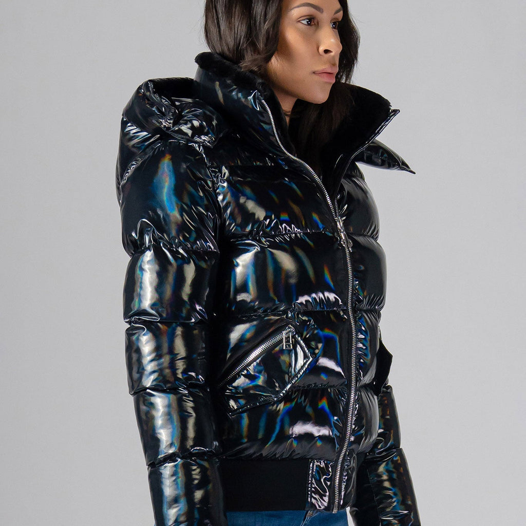 Woodpecker Women's Woody Bomber Winter coat. High-end Canadian designer winter coat for women in "Oily Black" colour. Woodpecker cruelty-free winter coat designed in Canada. Women's heavy weight short length premium designer jacket for winter. Superior quality warm winter coat for women. Moose Knuckles, Canada Goose, Mackage, Montcler, Will Poho, Willbird, Nic Bayley. Shiny parka. Stylish winter jacket. Designer winter coat.