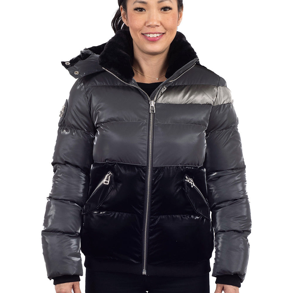 Woodpecker Women's Woody Bomber Winter coat. High-end Canadian designer winter coat for women in shiny "Magnum" grey colour. Woodpecker cruelty-free winter coat designed in Canada. Women's heavy weight short length premium designer jacket for winter. Superior quality warm winter coat for women. Moose Knuckles, Canada Goose, Mackage, Montcler, Will Poho, Willbird, Nic Bayley