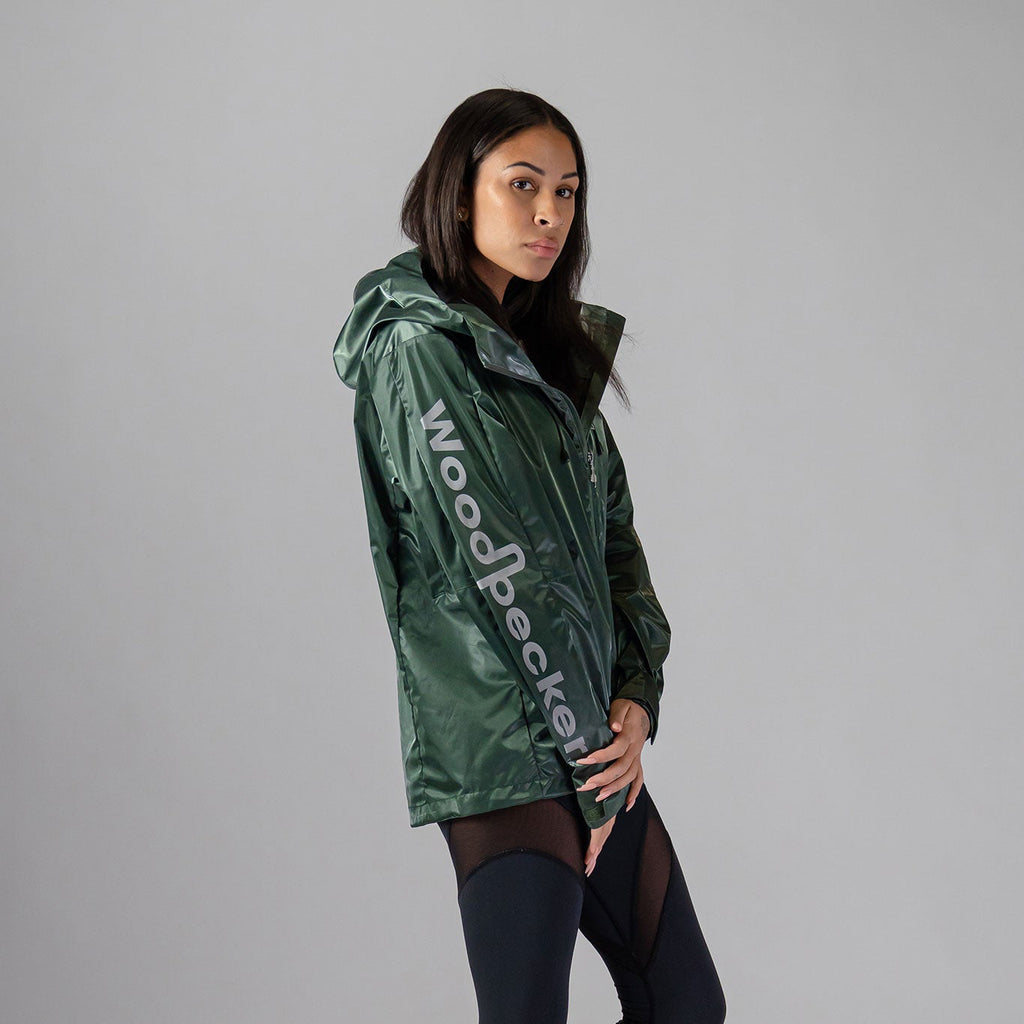 Woodpecker Women's Wind Shell coat. High-end Canadian designer activewear coat for women in "Green Diamond" colour. Woodpecker coat designed in Canada. Moose Knuckles, Canada Goose, Mackage, Montcler, Will Poho, Willbird, Nic Bayley.