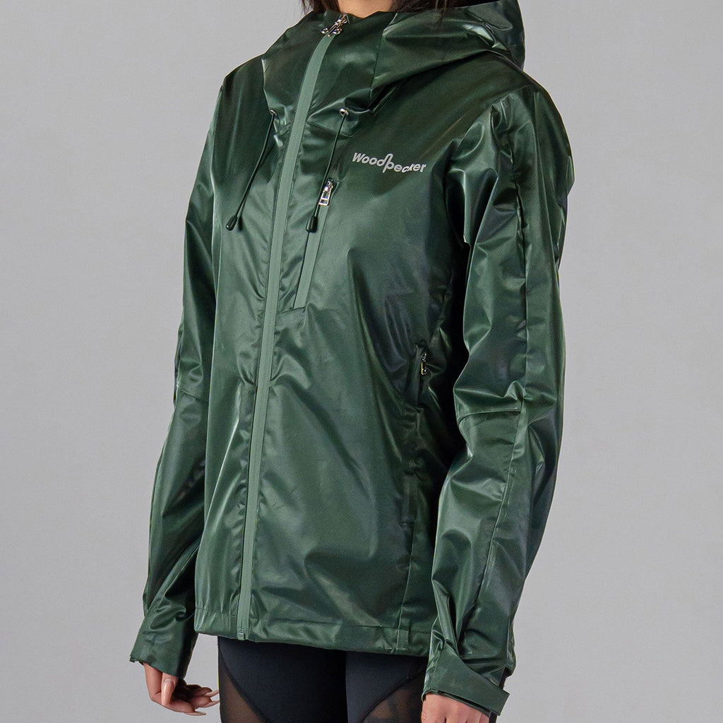 Woodpecker Women's Wind Shell coat. High-end Canadian designer activewear coat for women in "Green Diamond" colour. Woodpecker coat designed in Canada. Moose Knuckles, Canada Goose, Mackage, Montcler, Will Poho, Willbird, Nic Bayley.
