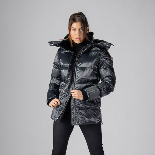 Woodpecker Women's Bumnester Winter coat. High-end Canadian designer winter coat for women in "Oily Black" colour. Woodpecker cruelty-free winter coat designed in Canada. Women's heavy weight medium length premium designer jacket for winter. Superior quality warm winter coat for women. Moose Knuckles, Canada Goose, Mackage, Montcler, Will Poho, Willbird, Nic Bayley. Extra warm. Shiny parka. Stylish winter jacket. Designer winter coat.