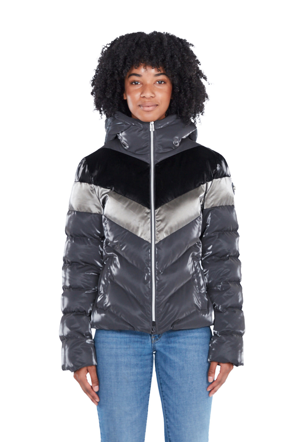 Woodpecker Women's Robin Winter coat. High-end Canadian designer winter coat for women in shiny "Magnum" grey colour. Woodpecker cruelty-free winter coat designed in Canada. Women's medium weight long length premium designer jacket for winter. Superior quality warm winter coat for women. Moose Knuckles, Canada Goose, Mackage, Montcler, Will Poho, Willbird, Nic Bayley. Extra warm. Shiny parka. Stylish winter jacket. Designer winter coat.